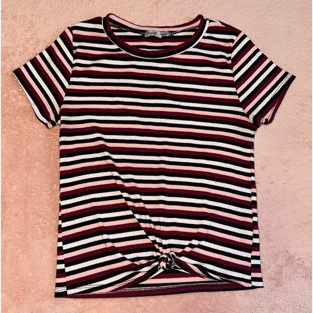 Charlotte Russe Striped Pink White Short Sleeve Shirt Size Small